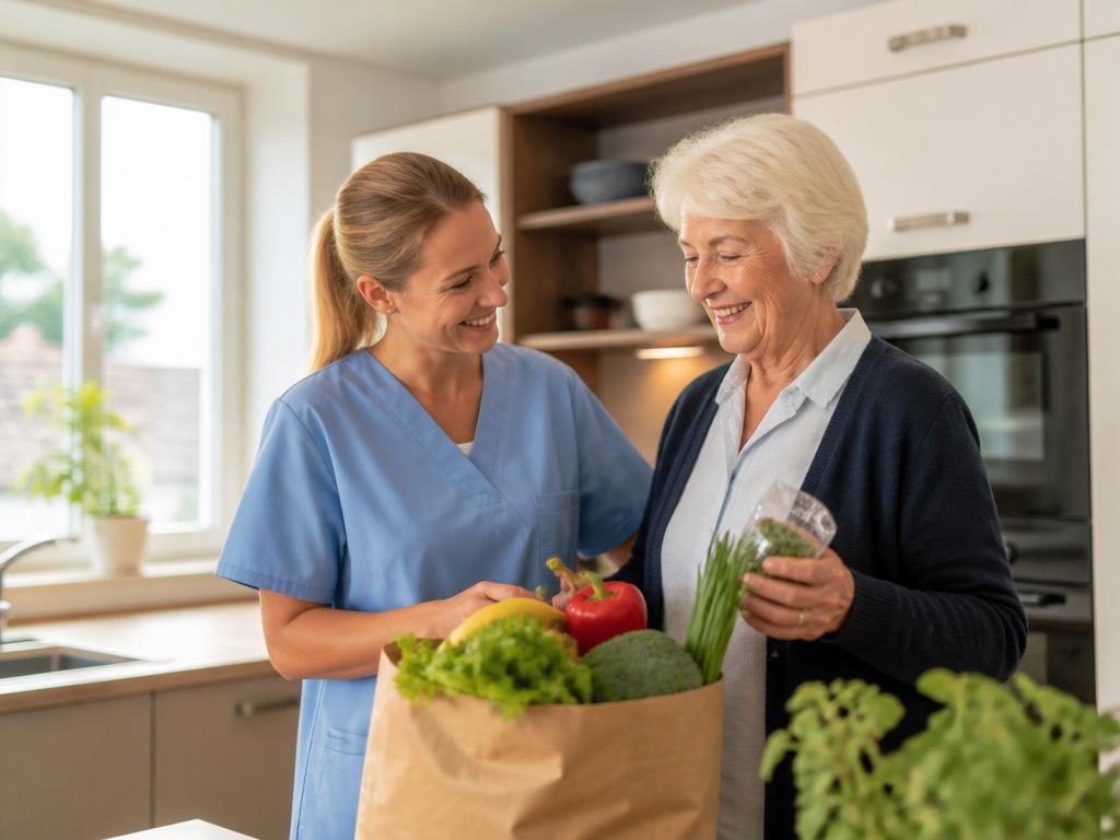 Eine Pflegekraft hilft einer älteren Frau beim Einkauf und Packen von frischem Gemüse in der Küche.